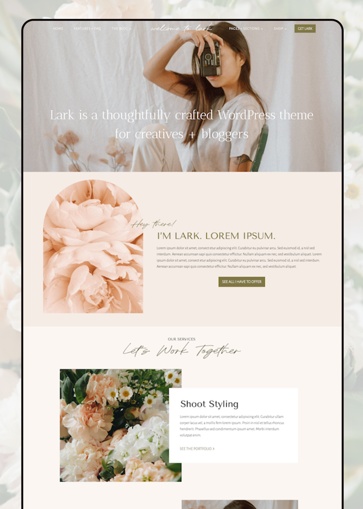Image showing the Lark WordPress theme home page on an iPad. Background is a semi-transparent image of flowers.