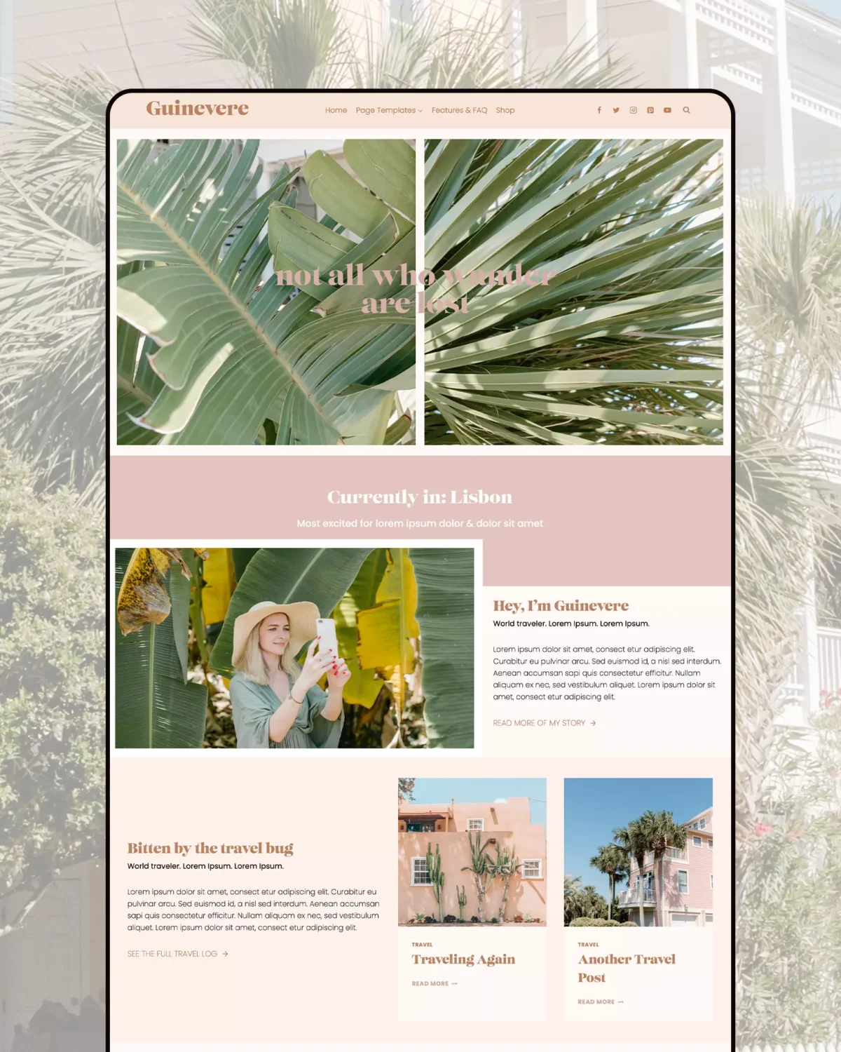 Image showing the Guinevere WordPress theme home page on an iPad. Background is a semi-transparent image of plants.